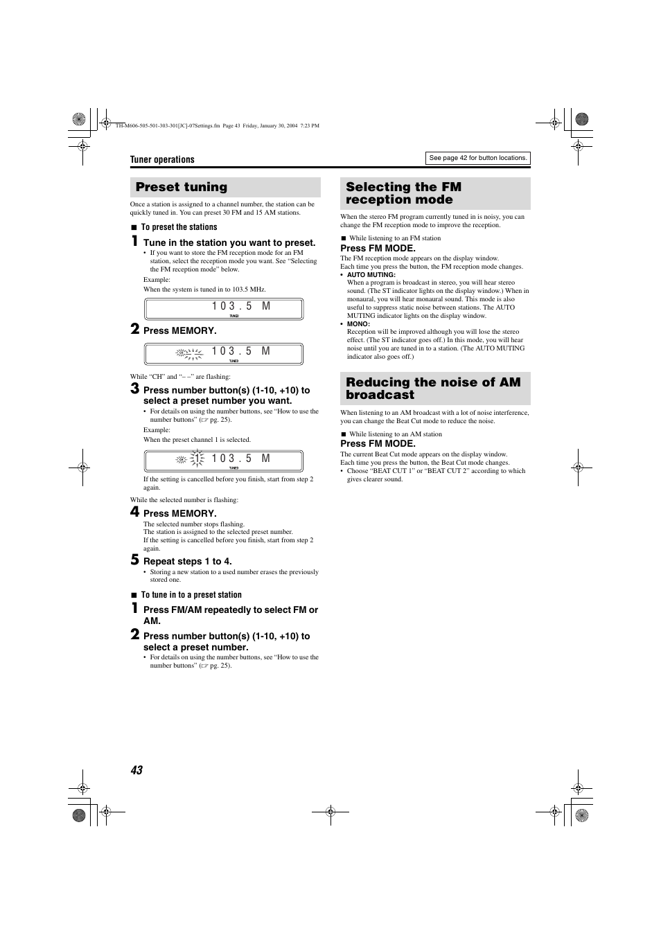Setup, References, Maintenance | Troubleshooting, Pg. 43, Preset tuning | JVC TH-M501 User Manual | Page 46 / 52