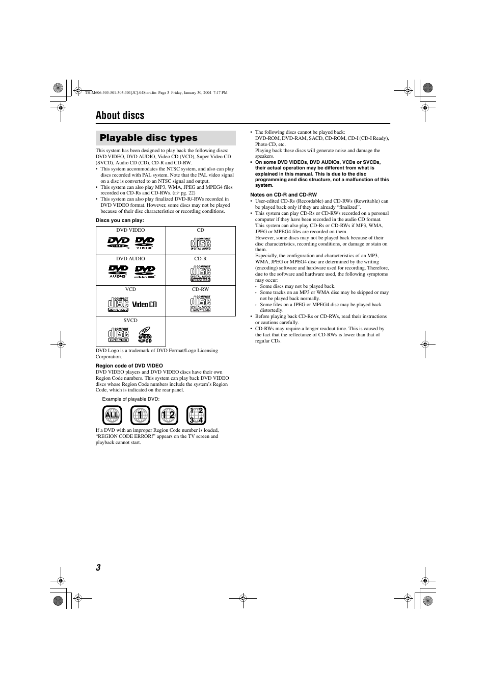 About discs, Assembling the front and surround speakers, Connecting the satellite (front, center, surround | Playable disc types | JVC TH-M501 User Manual | Page 6 / 52