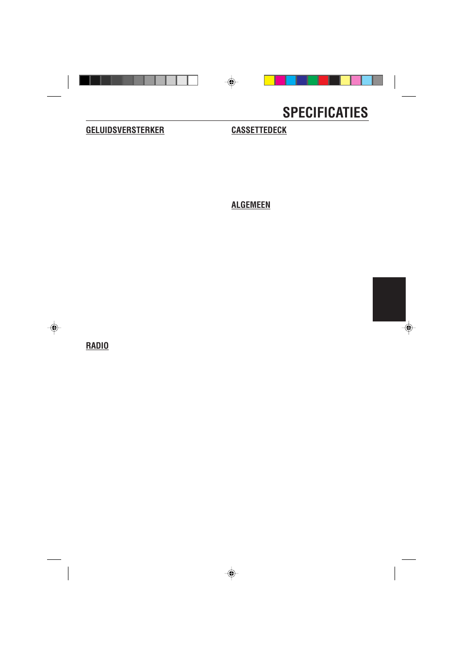 Specificaties, Cassettedeck, Algemeen | Geluidsversterker, Radio, Nederlands | JVC KS-FX470R User Manual | Page 105 / 106