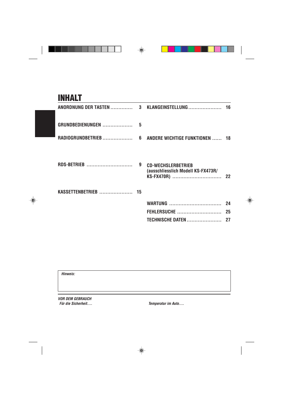 Inhalt | JVC KS-FX470R User Manual | Page 28 / 106