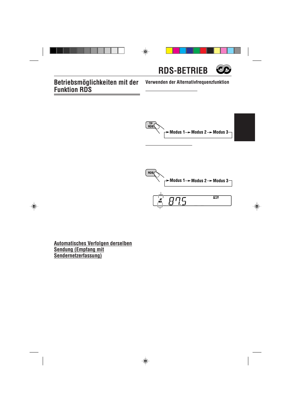 Rds-betrieb, Betriebsmoglichkeiten mit der funktion rds, Betriebsmöglichkeiten mit der funktion rds | JVC KS-FX470R User Manual | Page 35 / 106