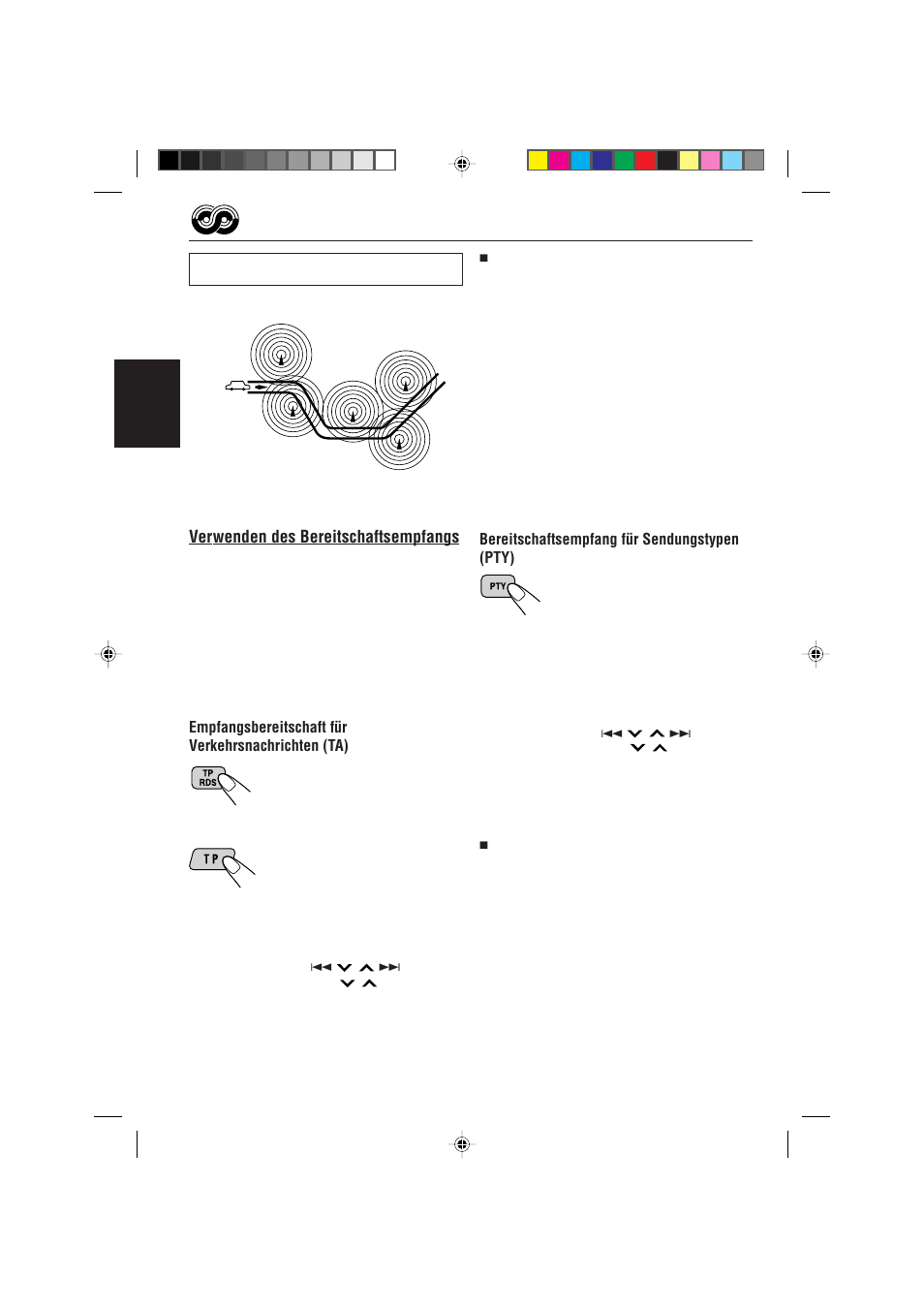 Verwenden des bereitschaftsempfangs, Deutsch, Bereitschaftsempfang für sendungstypen (pty) | Empfangsbereitschaft für verkehrsnachrichten (ta) | JVC KS-FX470R User Manual | Page 36 / 106