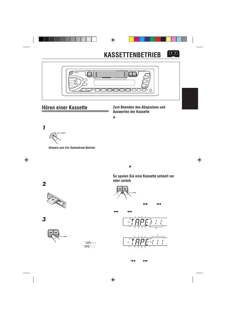 Kassettenbetrieb, Horen einer kassette, Hören einer kassette | JVC KS-FX470R User Manual | Page 41 / 106