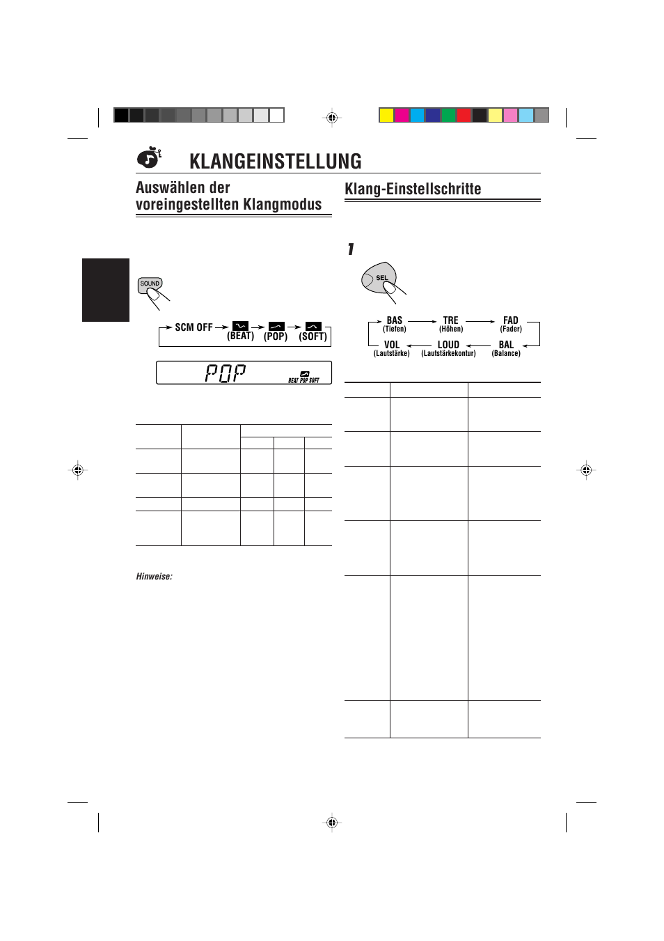 Klangeinstellung, Auswahlen der voreingestellten klangmodus, Klang-einstellschritte | Auswählen der voreingestellten klangmodus | JVC KS-FX470R User Manual | Page 42 / 106