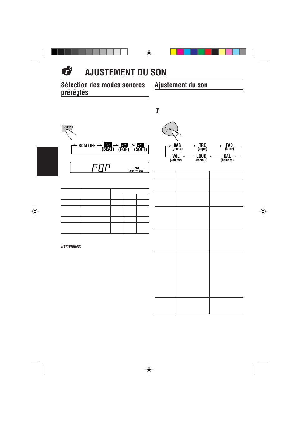 Ajustement du son, Selection des modes sonores preregles, Sélection des modes sonores préréglés | JVC KS-FX470R User Manual | Page 68 / 106