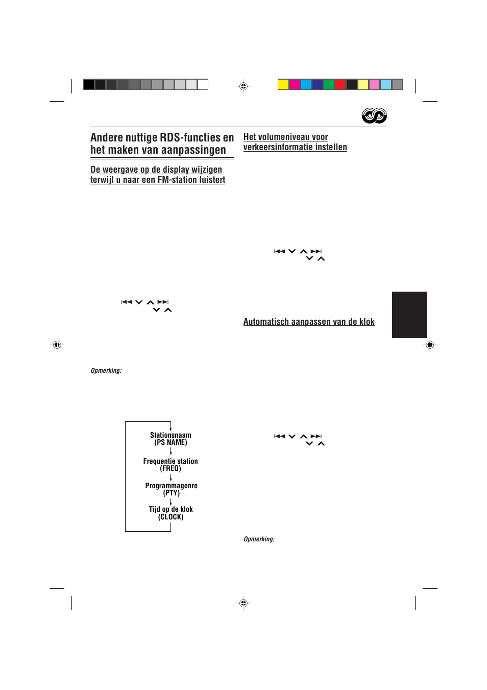 Het volumeniveau voor verkeersinformatie instellen, Automatisch aanpassen van de klok | JVC KS-FX470R User Manual | Page 91 / 106