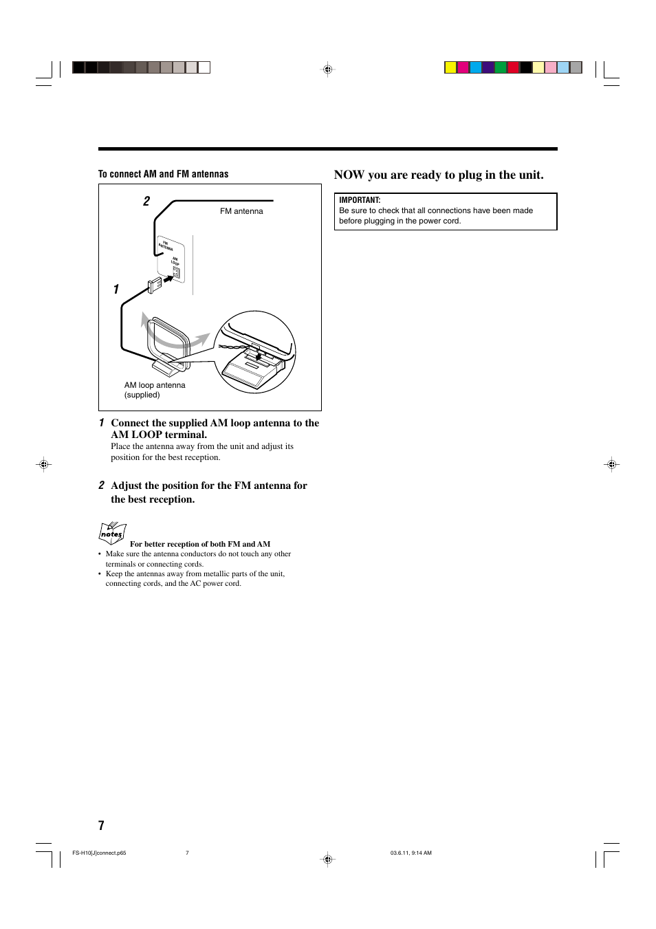 Now you are ready to plug in the unit. 2 1 | JVC FS-H10 User Manual | Page 10 / 54