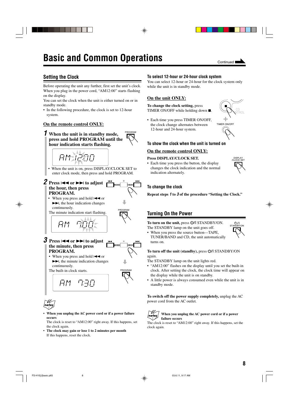 Basic and common operations, Setting the clock, Turning on the power | JVC FS-H10 User Manual | Page 11 / 54