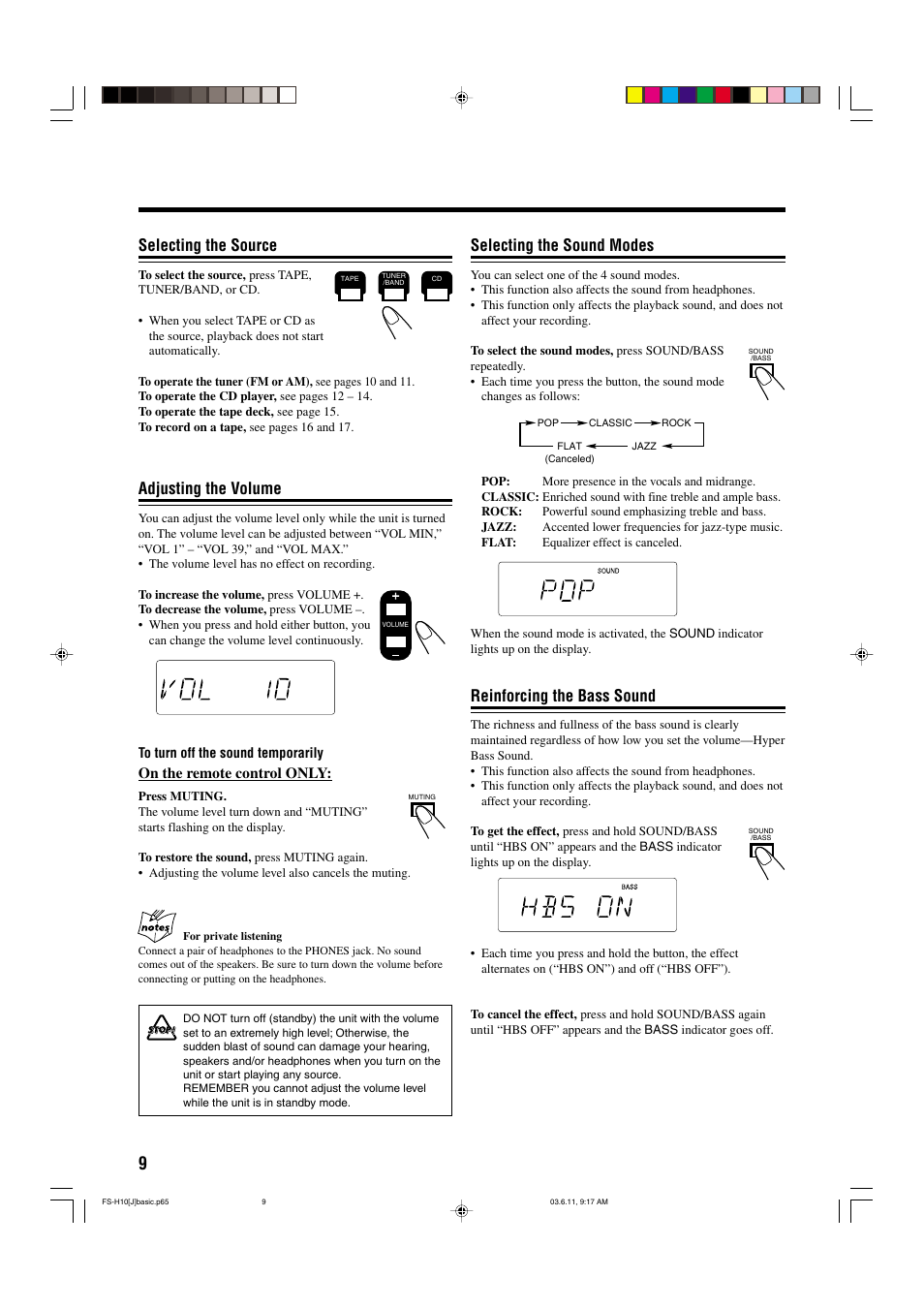 Selecting the sound modes, Reinforcing the bass sound, Selecting the source | Adjusting the volume | JVC FS-H10 User Manual | Page 12 / 54