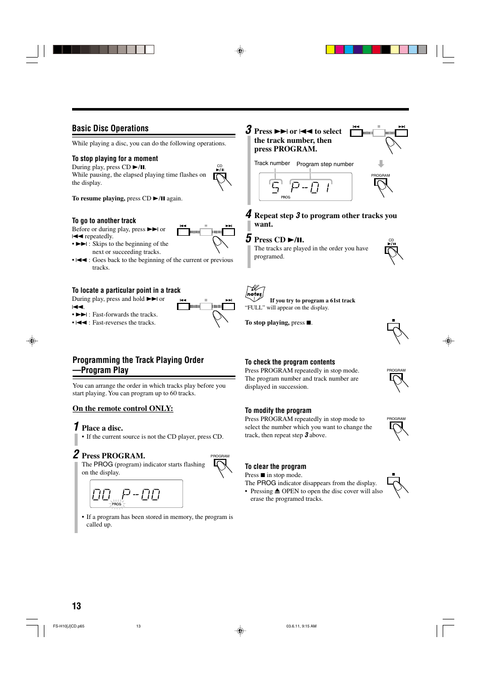 Basic disc operations, Programming the track playing order —program play | JVC FS-H10 User Manual | Page 16 / 54