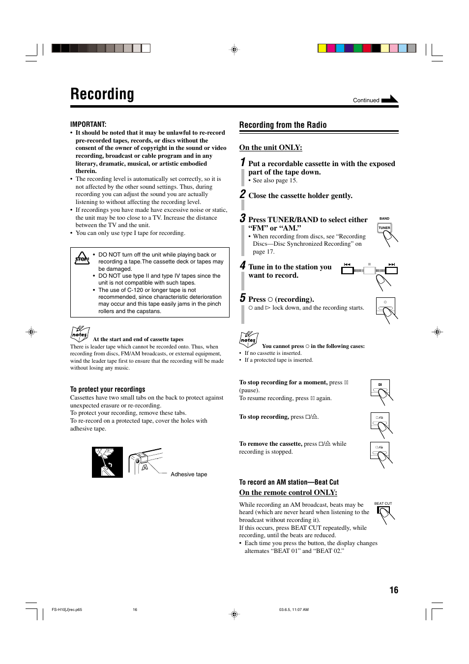 Recording | JVC FS-H10 User Manual | Page 19 / 54