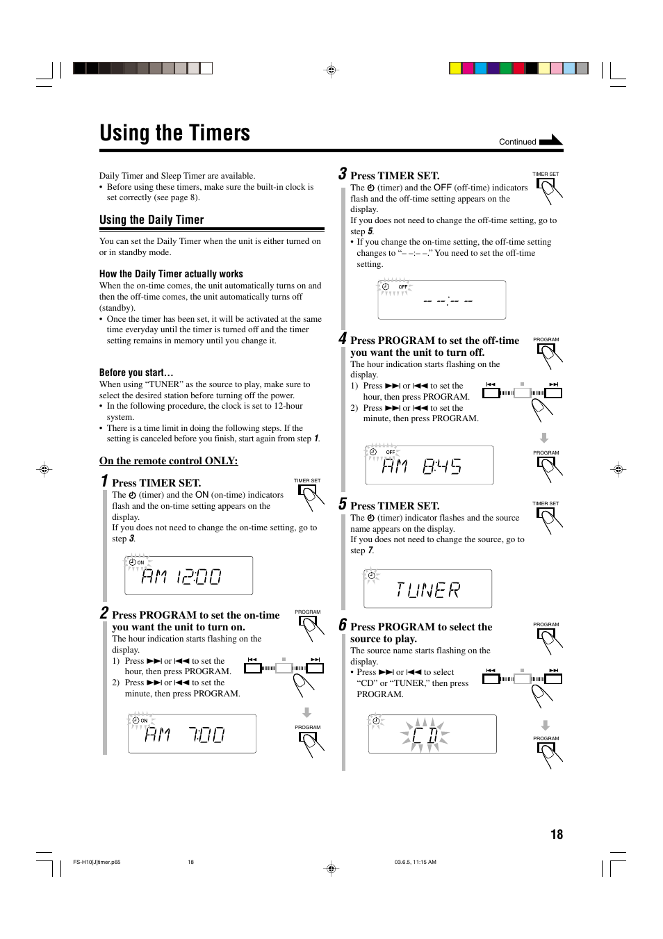 Using the timers | JVC FS-H10 User Manual | Page 21 / 54