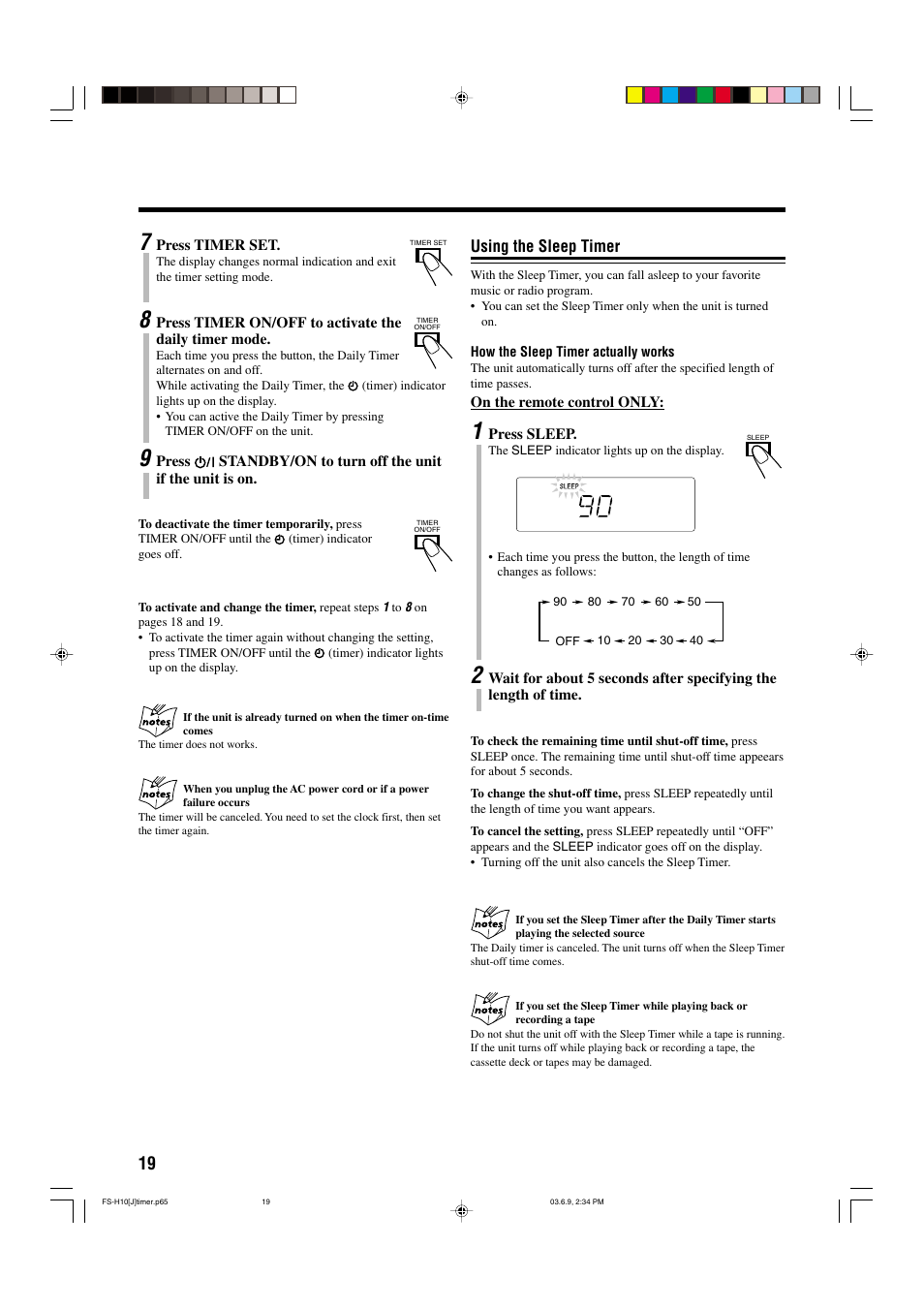 Using the sleep timer | JVC FS-H10 User Manual | Page 22 / 54