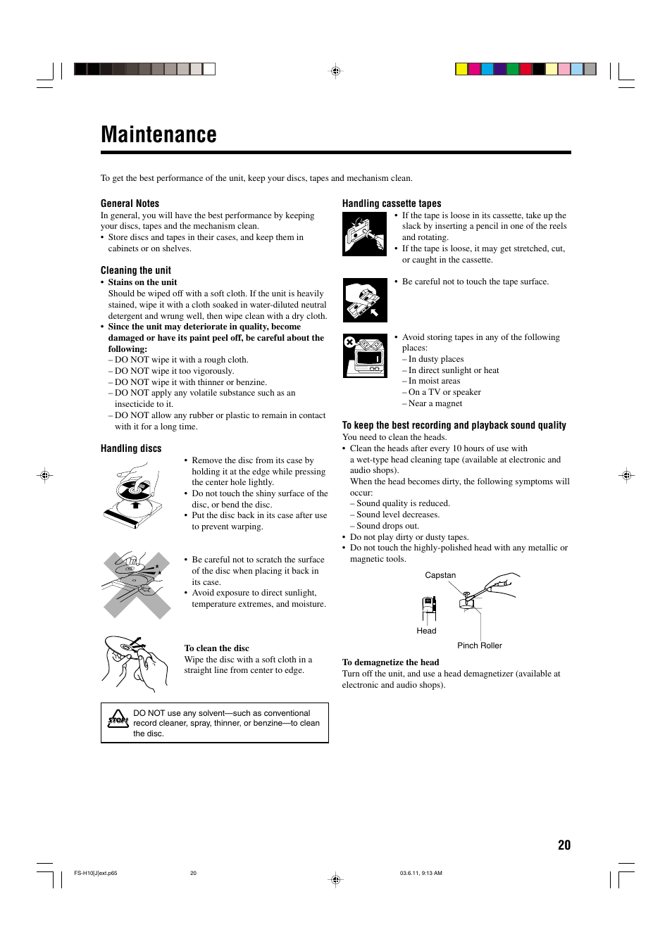 Maintenance | JVC FS-H10 User Manual | Page 23 / 54