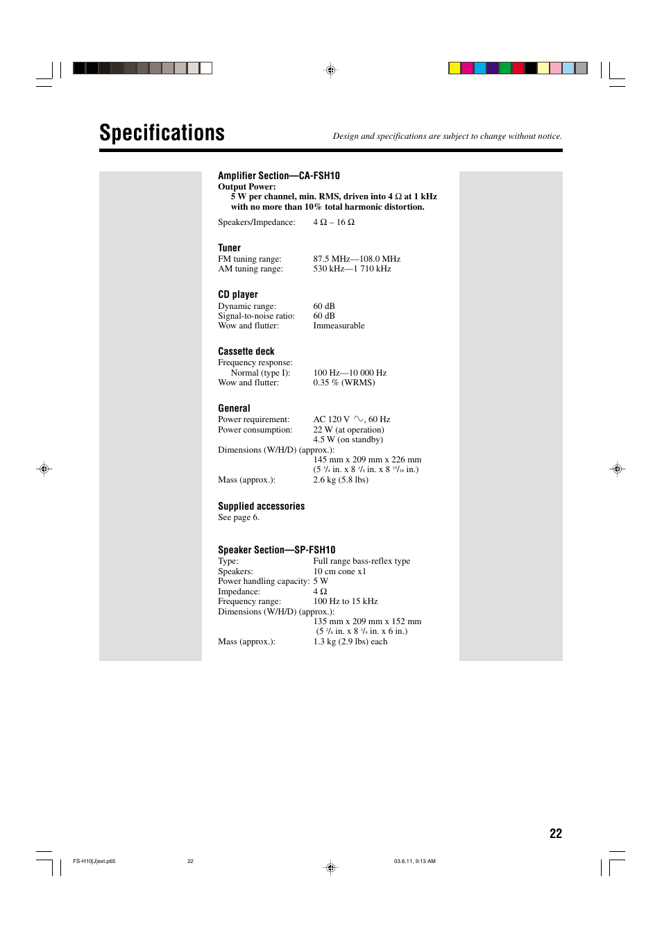 Specifications | JVC FS-H10 User Manual | Page 25 / 54