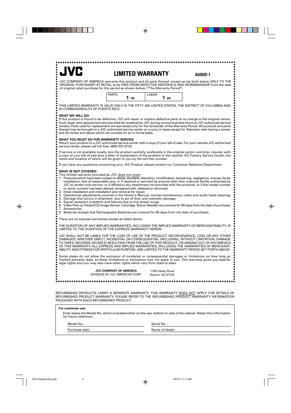 Limited warranty, Audio-1 | JVC FS-H10 User Manual | Page 26 / 54