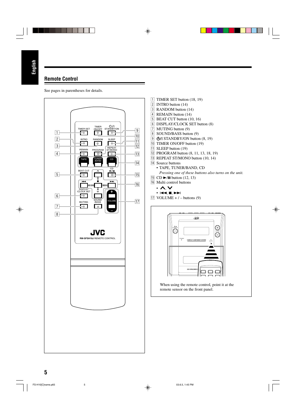 Remote control, English | JVC FS-H10 User Manual | Page 36 / 54