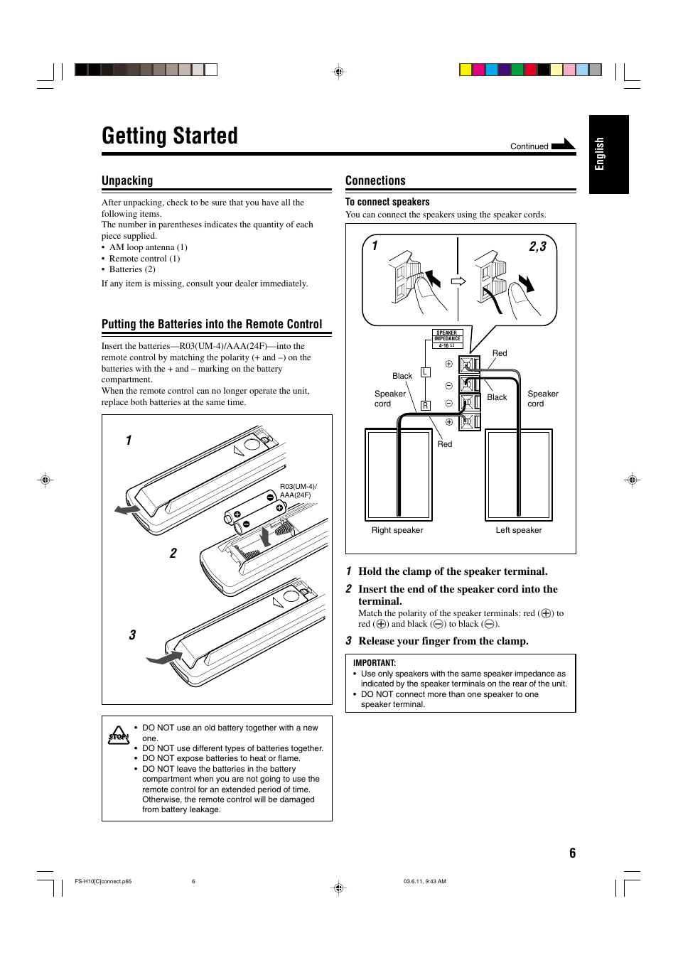 Getting started, Unpacking, Putting the batteries into the remote control | Connections | JVC FS-H10 User Manual | Page 37 / 54