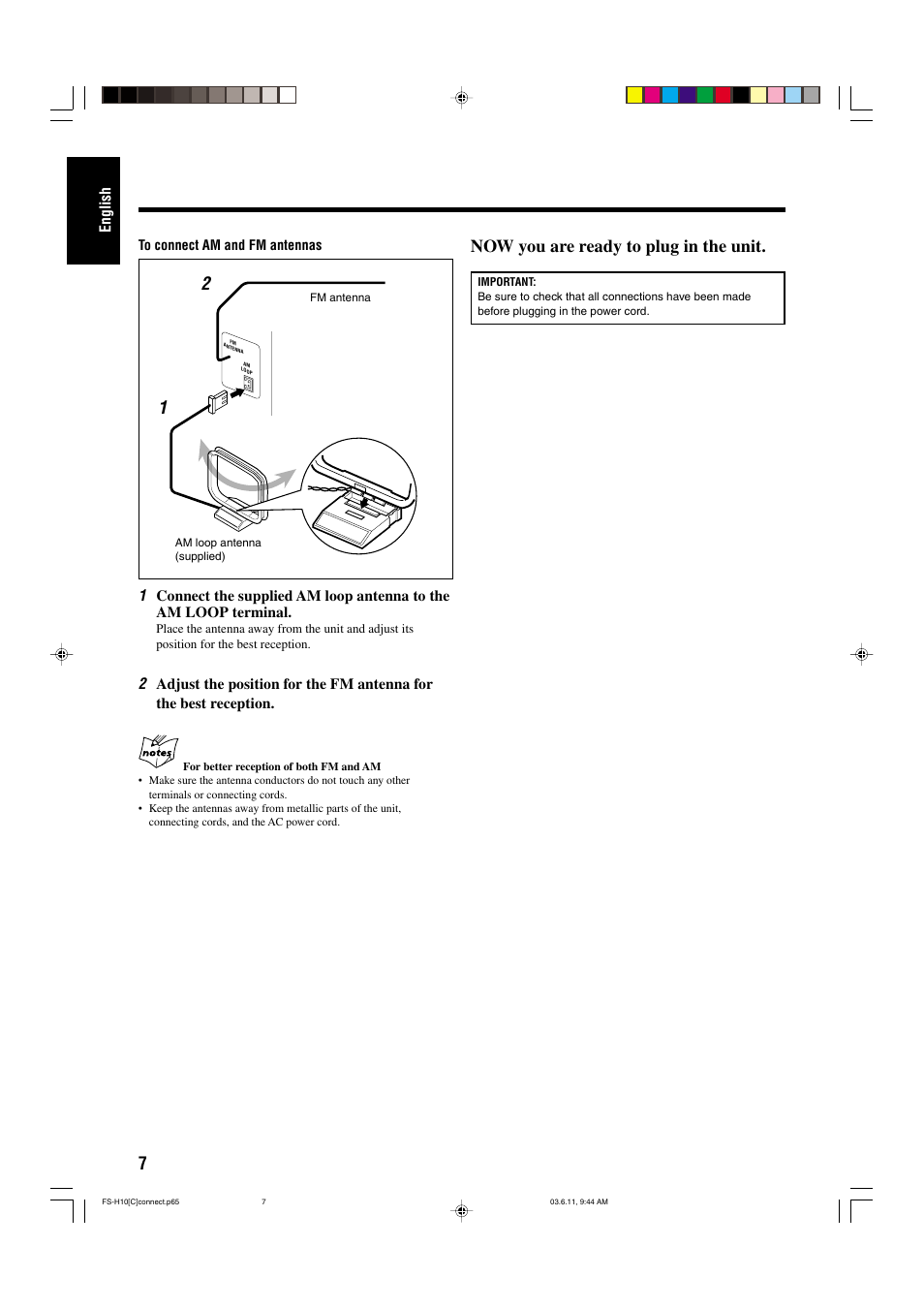 Now you are ready to plug in the unit. 2 1 | JVC FS-H10 User Manual | Page 38 / 54