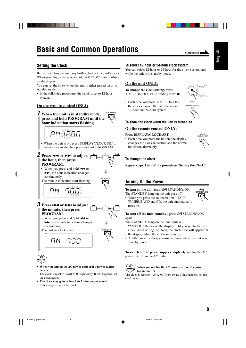 Basic and common operations, Setting the clock, Turning on the power | JVC FS-H10 User Manual | Page 39 / 54