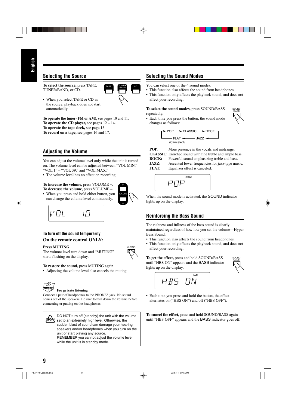 Selecting the sound modes, Reinforcing the bass sound, Selecting the source | Adjusting the volume | JVC FS-H10 User Manual | Page 40 / 54