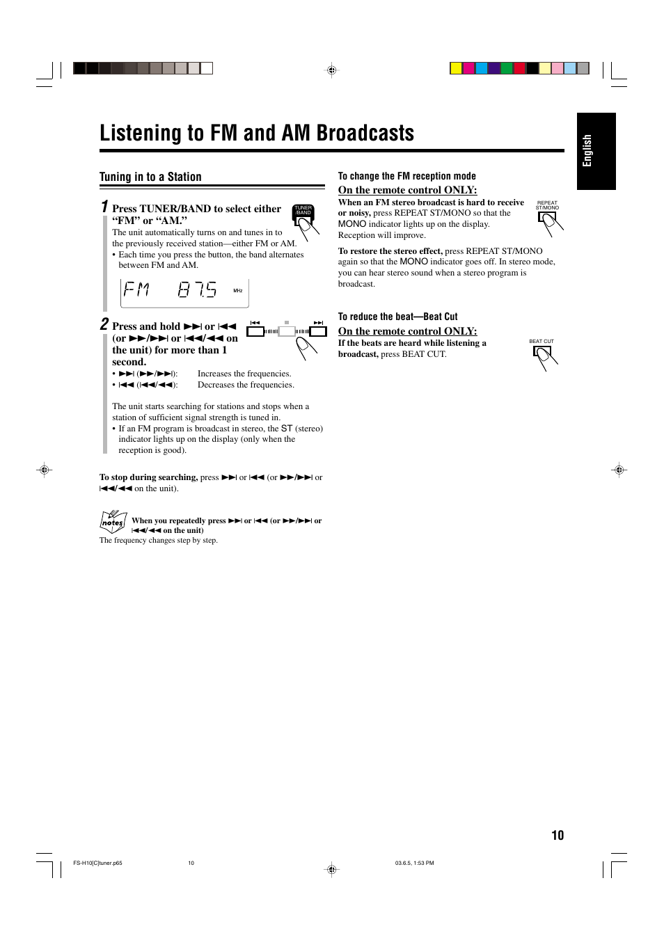 Listening to fm and am broadcasts, Tuning in to a station | JVC FS-H10 User Manual | Page 41 / 54