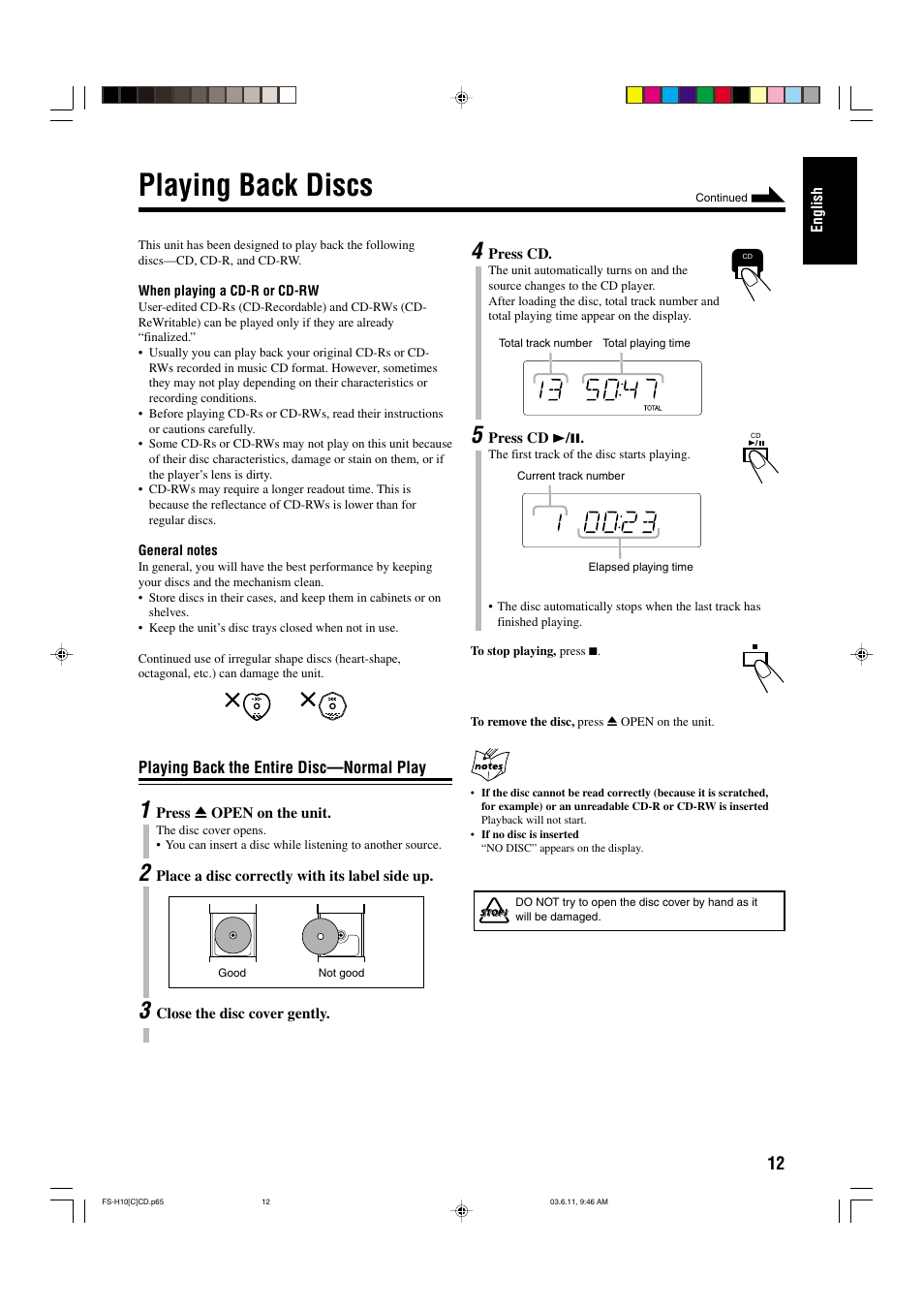 Playing back discs | JVC FS-H10 User Manual | Page 43 / 54