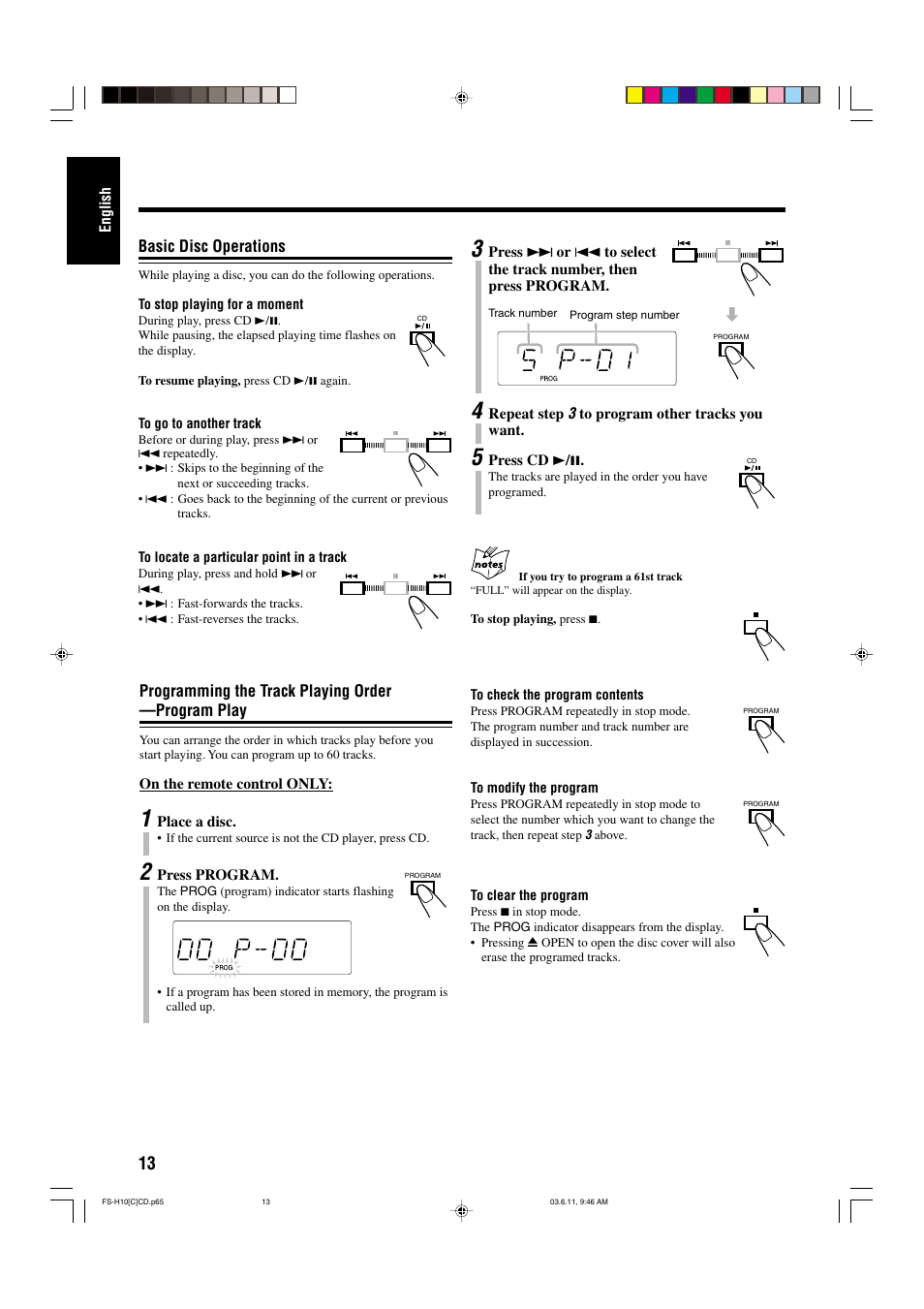 Basic disc operations, Programming the track playing order —program play | JVC FS-H10 User Manual | Page 44 / 54