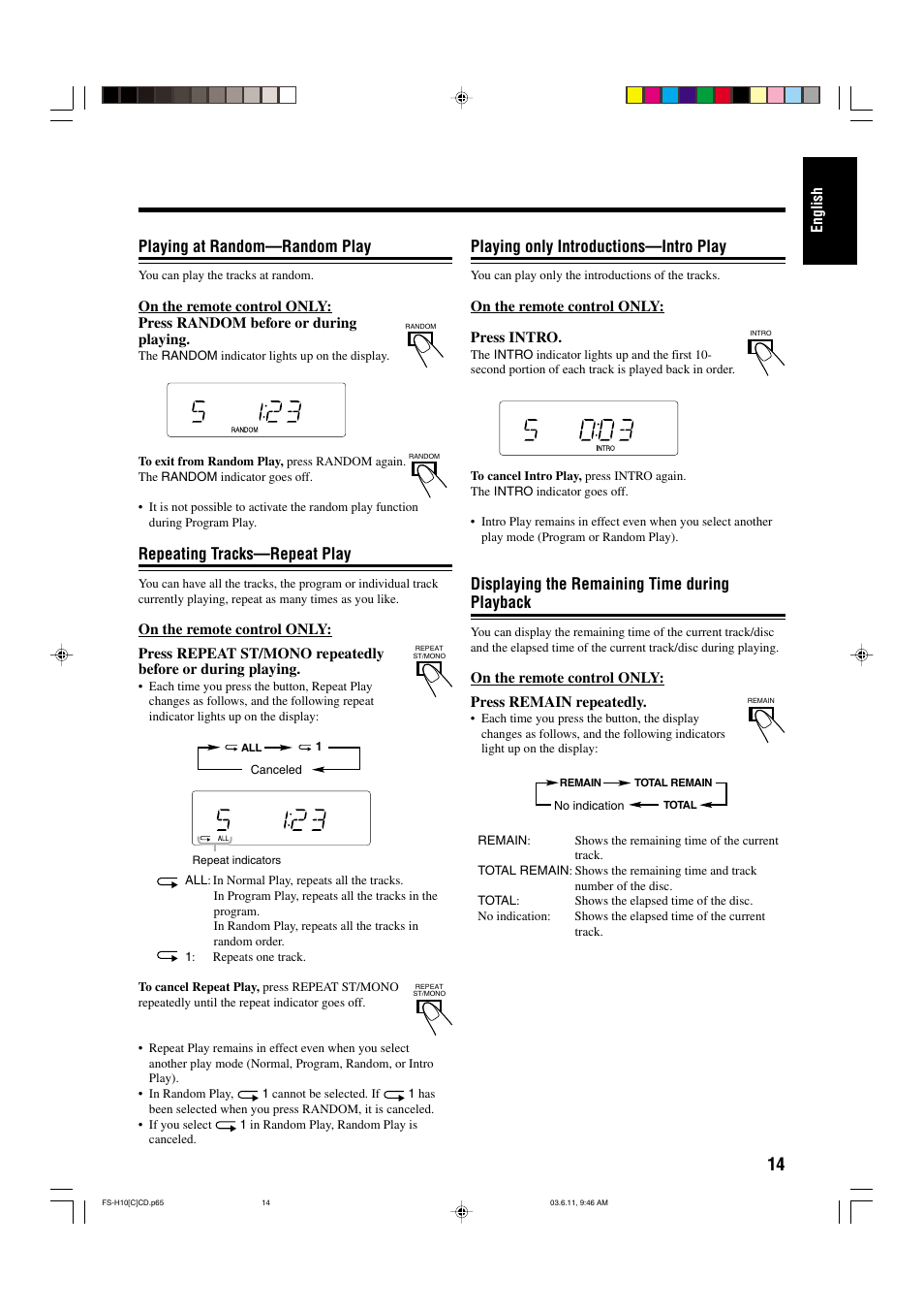 Playing at random—random play, Repeating tracks—repeat play, Playing only introductions—intro play | Displaying the remaining time during playback | JVC FS-H10 User Manual | Page 45 / 54