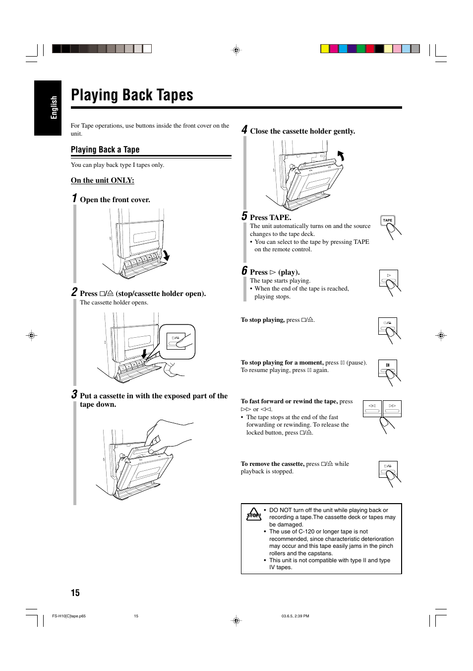 Playing back tapes | JVC FS-H10 User Manual | Page 46 / 54