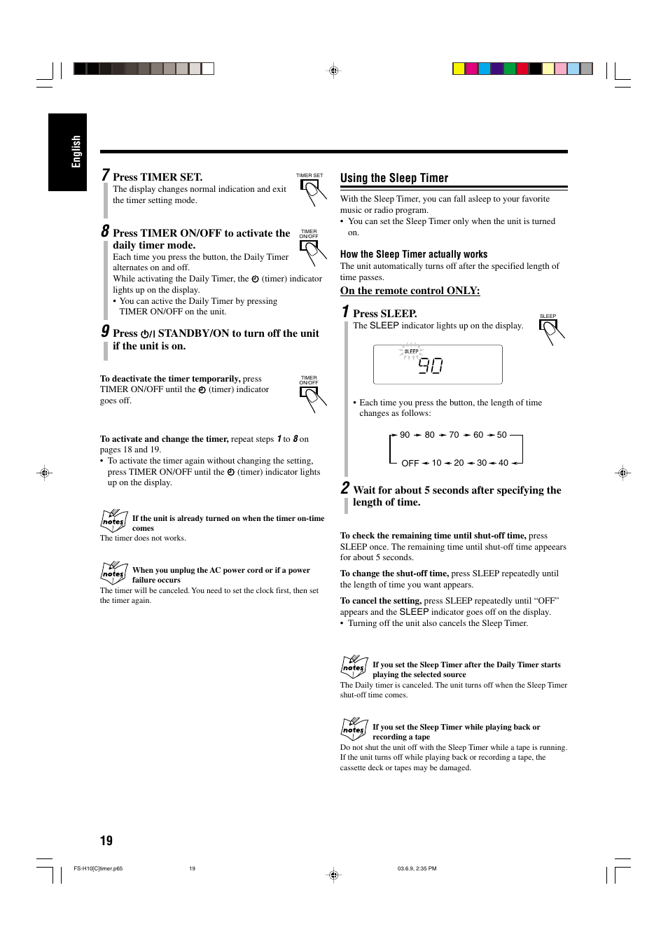 Using the sleep timer | JVC FS-H10 User Manual | Page 50 / 54