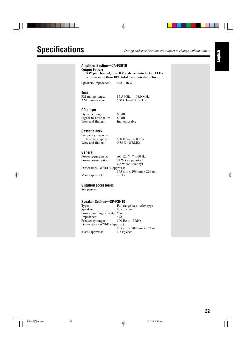 Specifications | JVC FS-H10 User Manual | Page 53 / 54