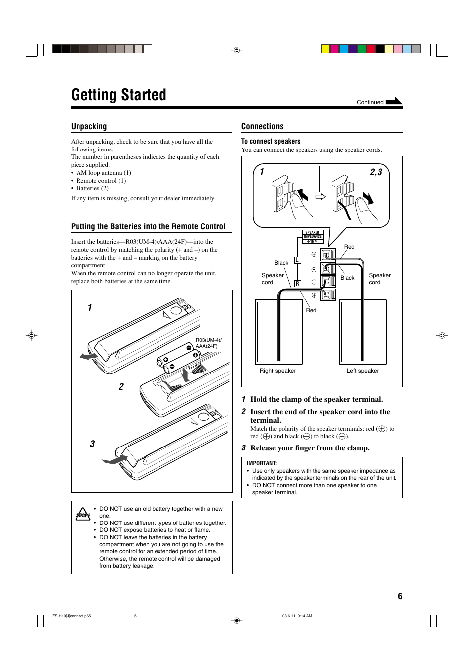 Getting started, Unpacking, Putting the batteries into the remote control | Connections | JVC FS-H10 User Manual | Page 9 / 54