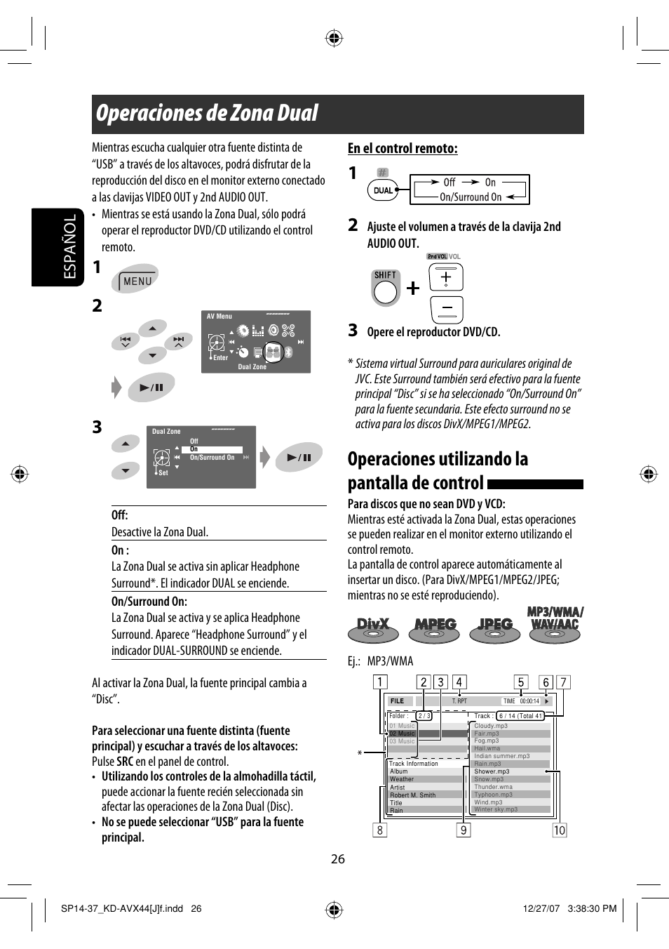 Operaciones de zona dual, Operaciones utilizando la pantalla de control, Español | En el control remoto | JVC KD-ADV49 User Manual | Page 100 / 225
