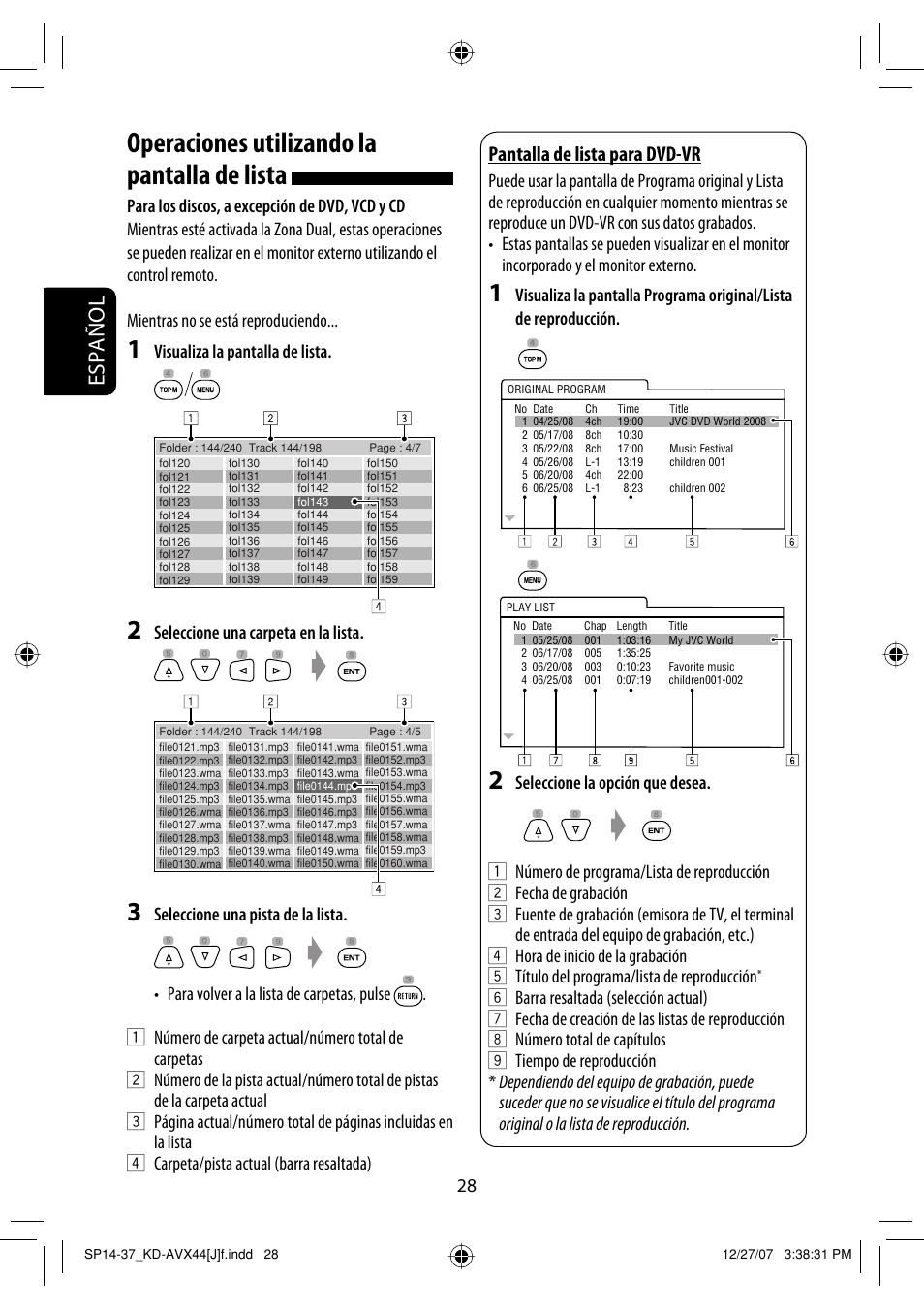Operaciones utilizando la pantalla de lista, Español, Pantalla de lista para dvd-vr | Visualiza la pantalla de lista, Seleccione una carpeta en la lista | JVC KD-ADV49 User Manual | Page 102 / 225