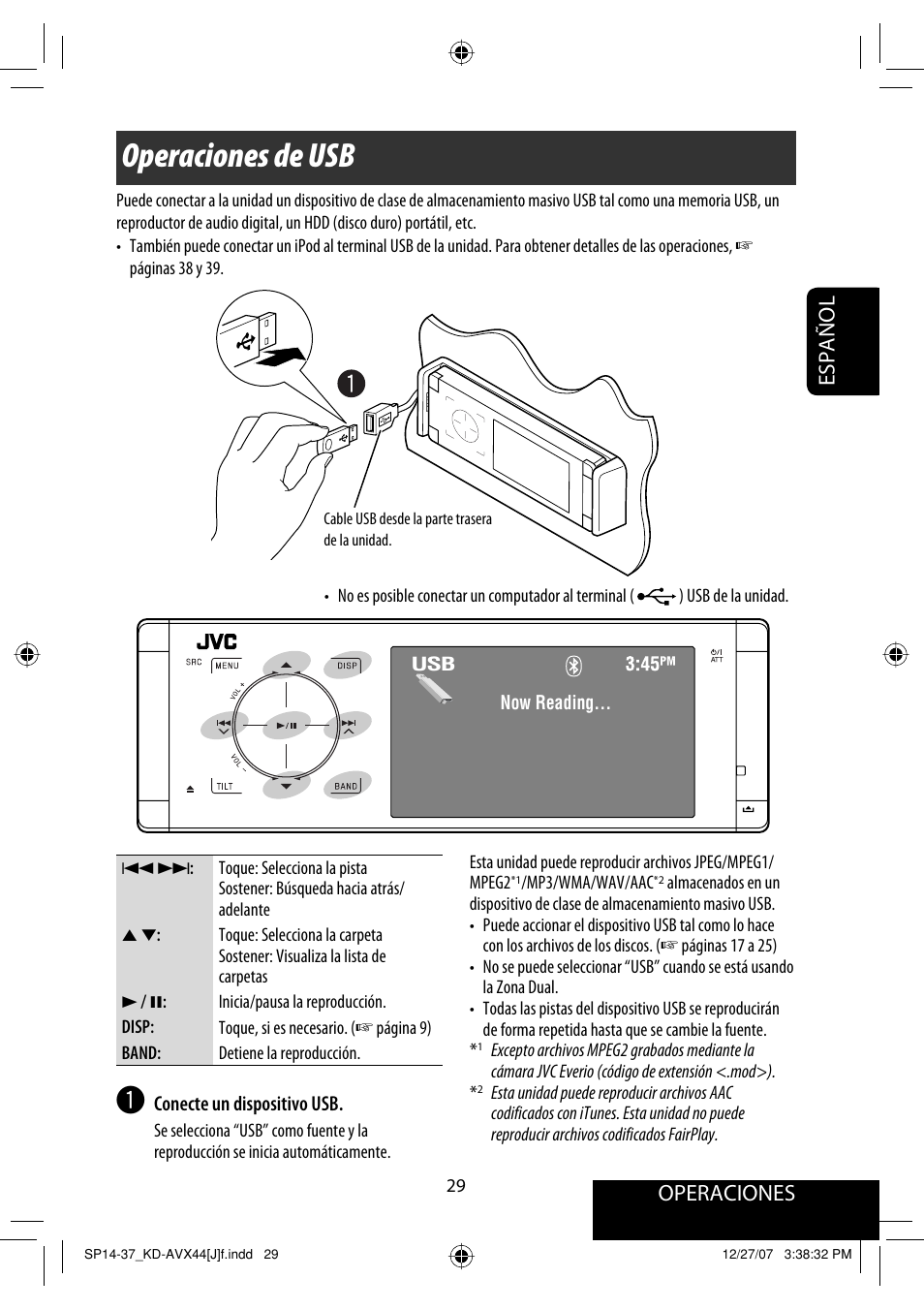 Operaciones de usb, Operaciones, Español | JVC KD-ADV49 User Manual | Page 103 / 225