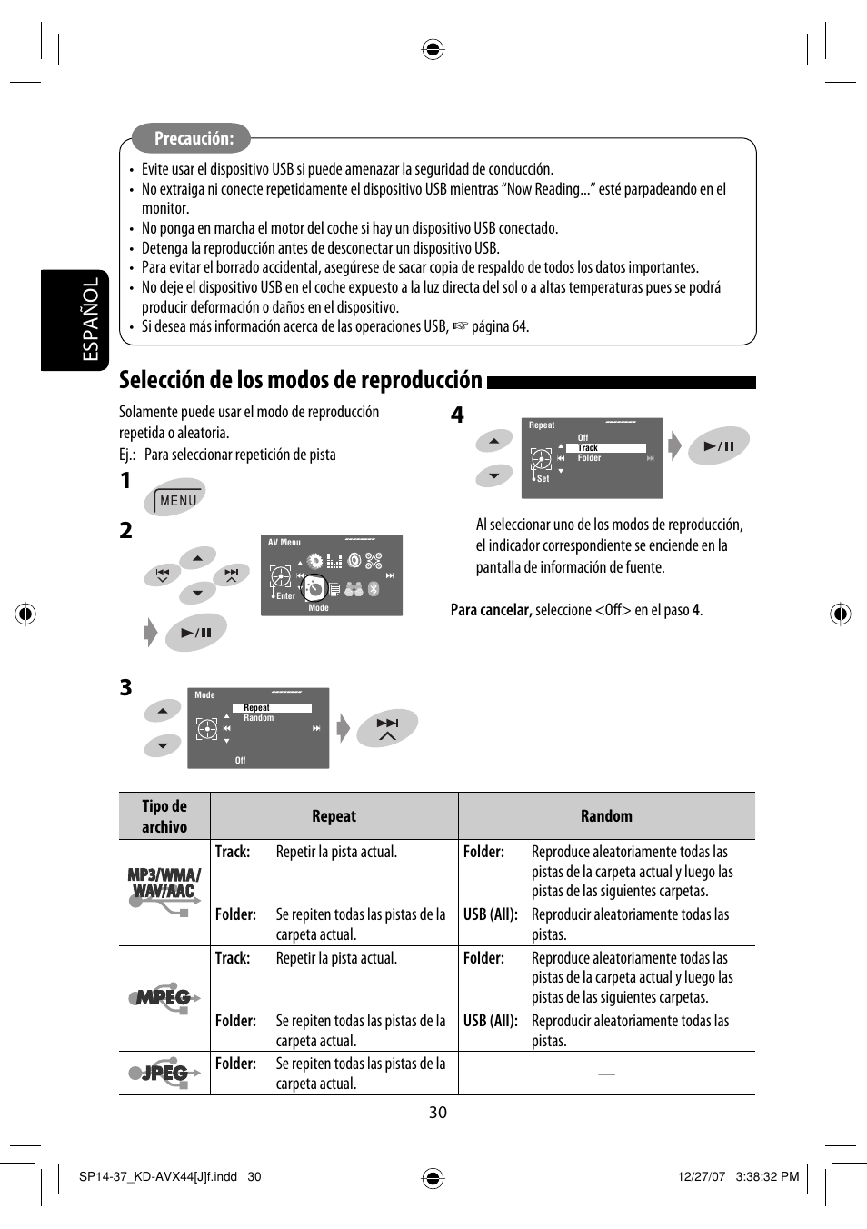 Selección de los modos de reproducción, Español, Precaución | JVC KD-ADV49 User Manual | Page 104 / 225