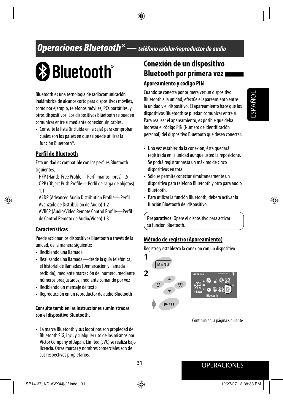 Operaciones bluetooth, Operaciones, Español | Teléfono celular/reproductor de audio | JVC KD-ADV49 User Manual | Page 105 / 225