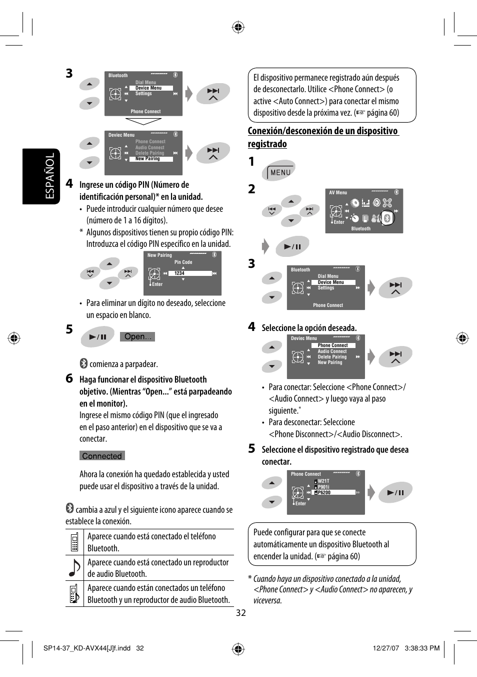 Español, Conexión/desconexión de un dispositivo registrado | JVC KD-ADV49 User Manual | Page 106 / 225