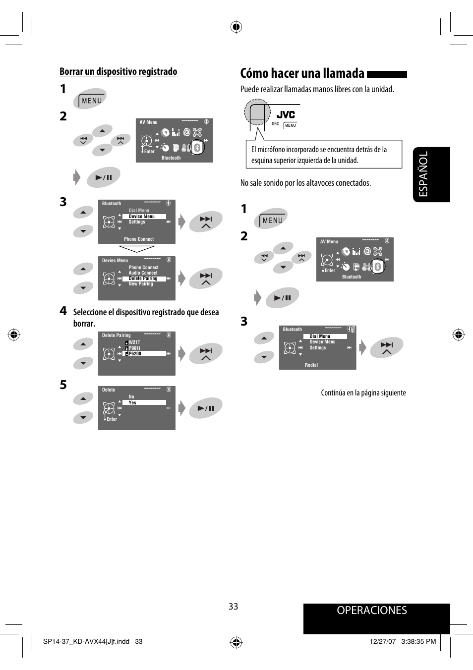 Cómo hacer una llamada, Operaciones, Español | Borrar un dispositivo registrado | JVC KD-ADV49 User Manual | Page 107 / 225