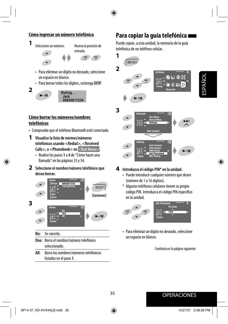 Para copiar la guía telefónica, Operaciones, Español | Cómo ingresar un número telefónico, Cómo borrar los números/nombres telefónicos | JVC KD-ADV49 User Manual | Page 109 / 225