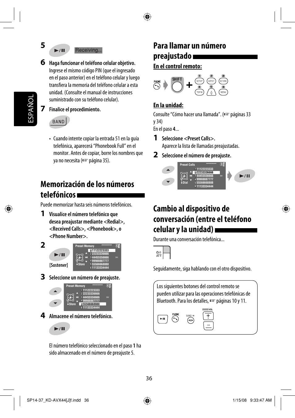 Para llamar un número preajustado, Español, En el control remoto: en la unidad | Seleccione el número de preajuste, Seleccione un número de preajuste | JVC KD-ADV49 User Manual | Page 110 / 225
