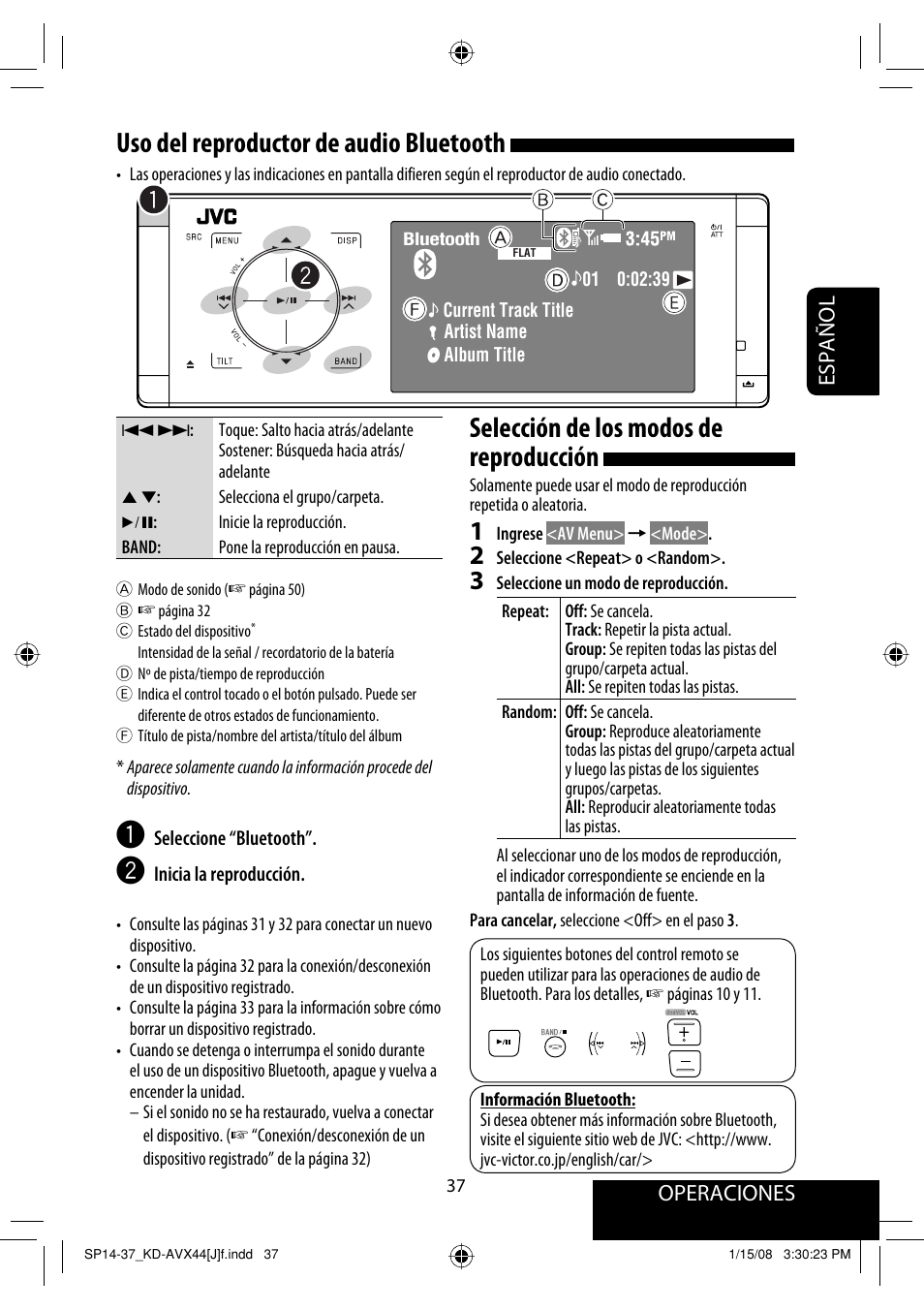 Uso del reproductor de audio bluetooth, Selección de los modos de reproducción, Operaciones | Español | JVC KD-ADV49 User Manual | Page 111 / 225