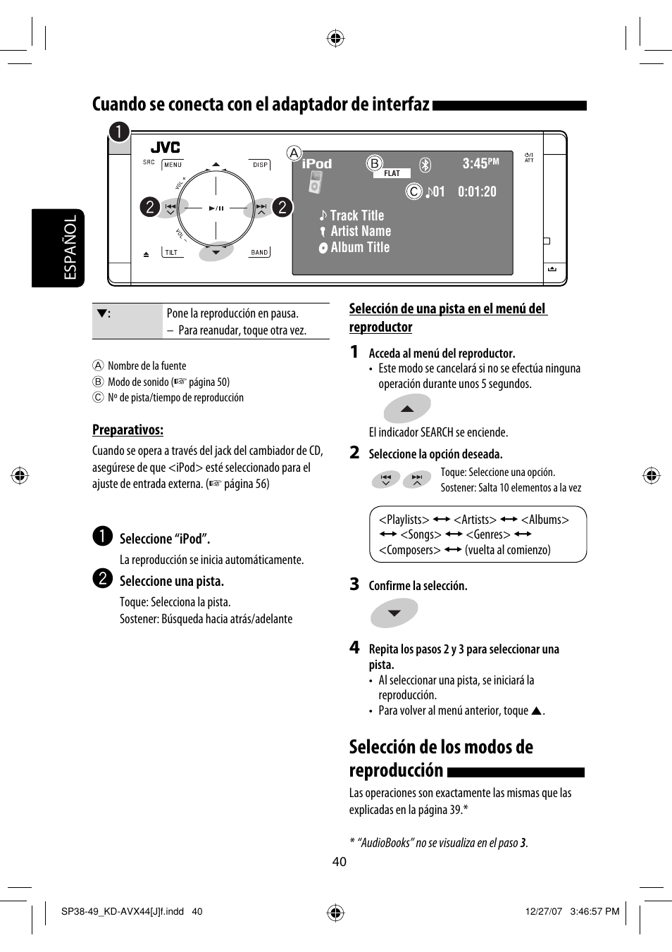 Selección de los modos de reproducción, Cuando se conecta con el adaptador de interfaz | JVC KD-ADV49 User Manual | Page 114 / 225