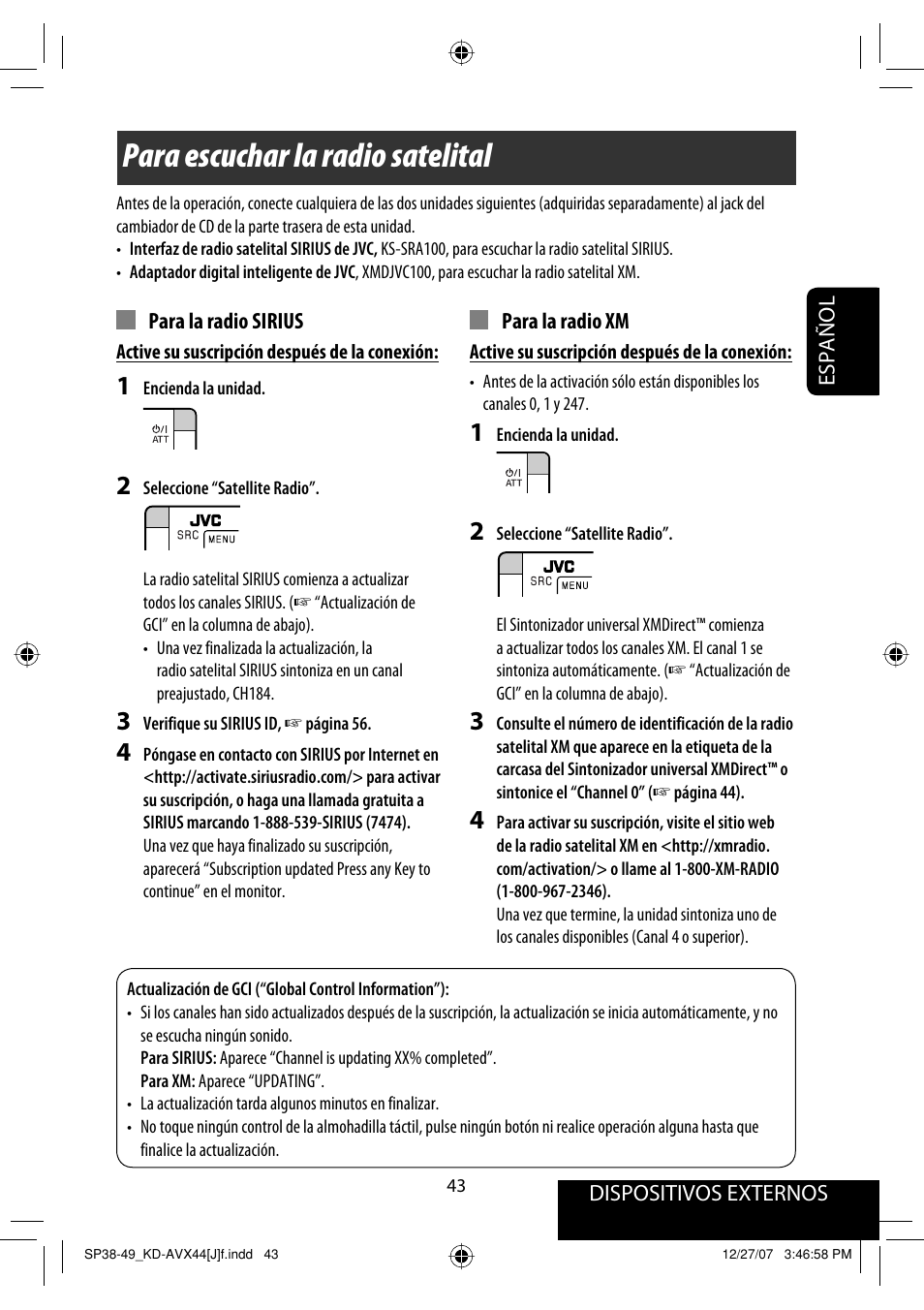 Para escuchar la radio satelital | JVC KD-ADV49 User Manual | Page 117 / 225