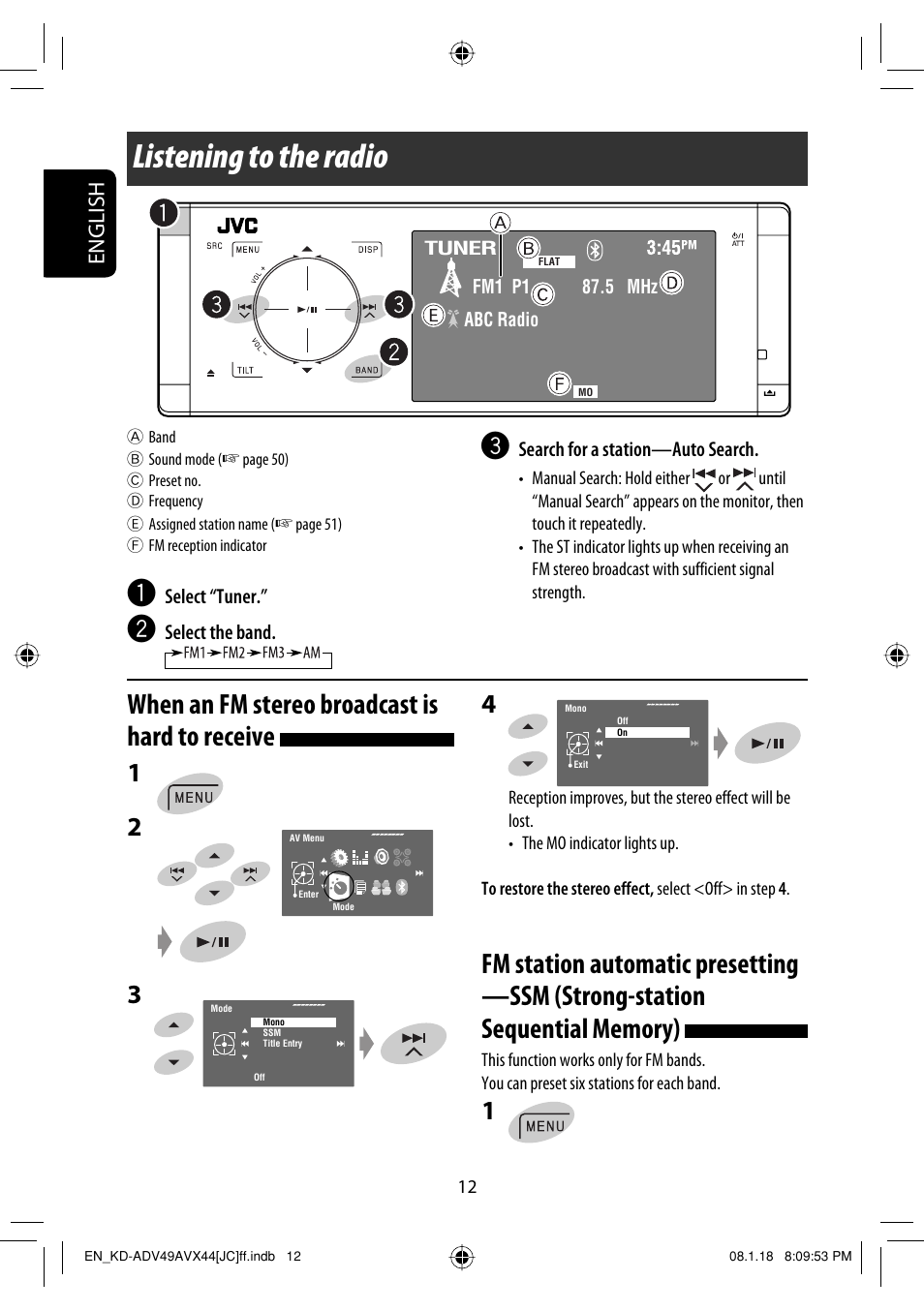 Listening to the radio, When an fm stereo broadcast is hard to receive, English | JVC KD-ADV49 User Manual | Page 12 / 225