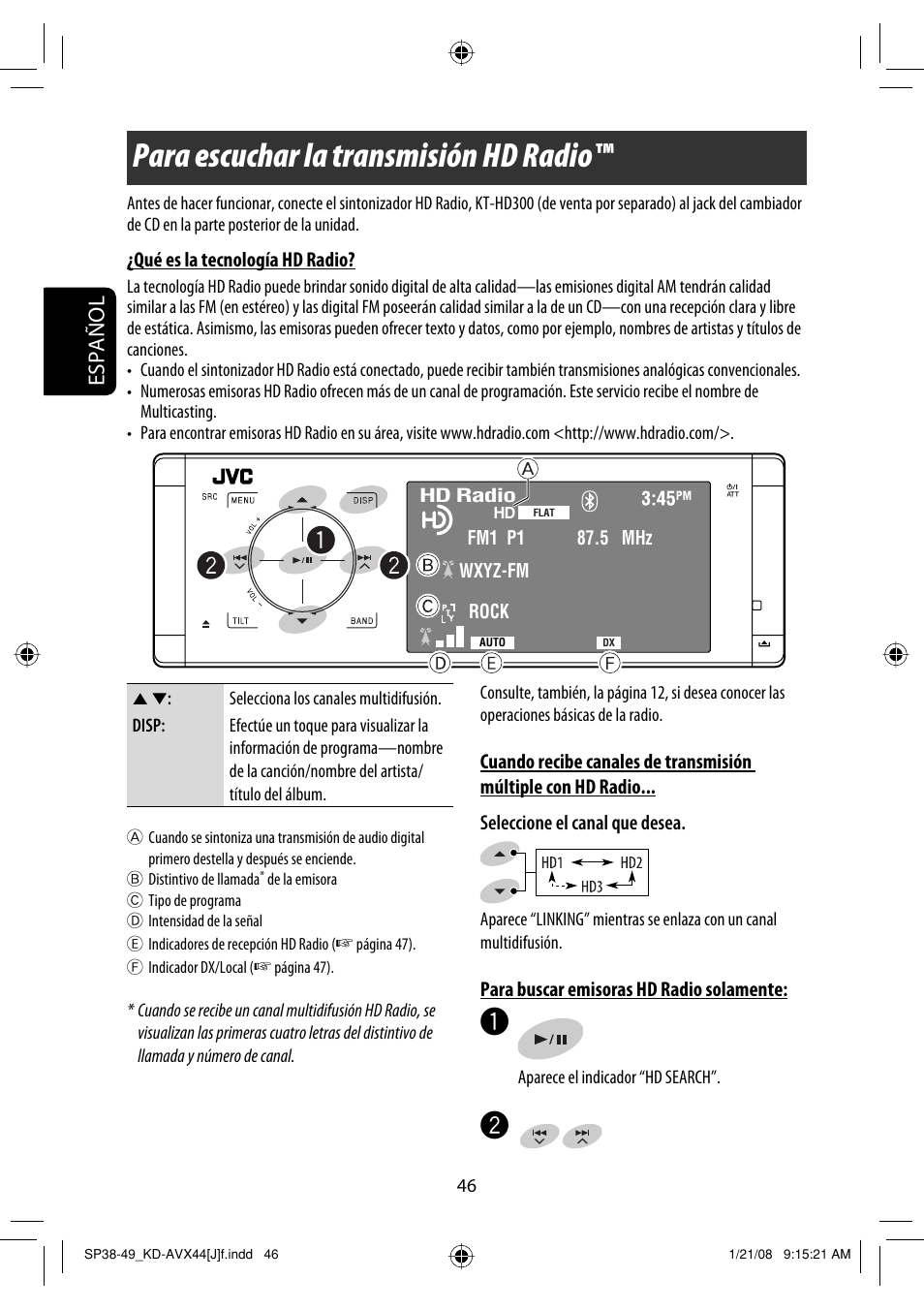 Para escuchar la transmisión hd radio, Español | JVC KD-ADV49 User Manual | Page 120 / 225