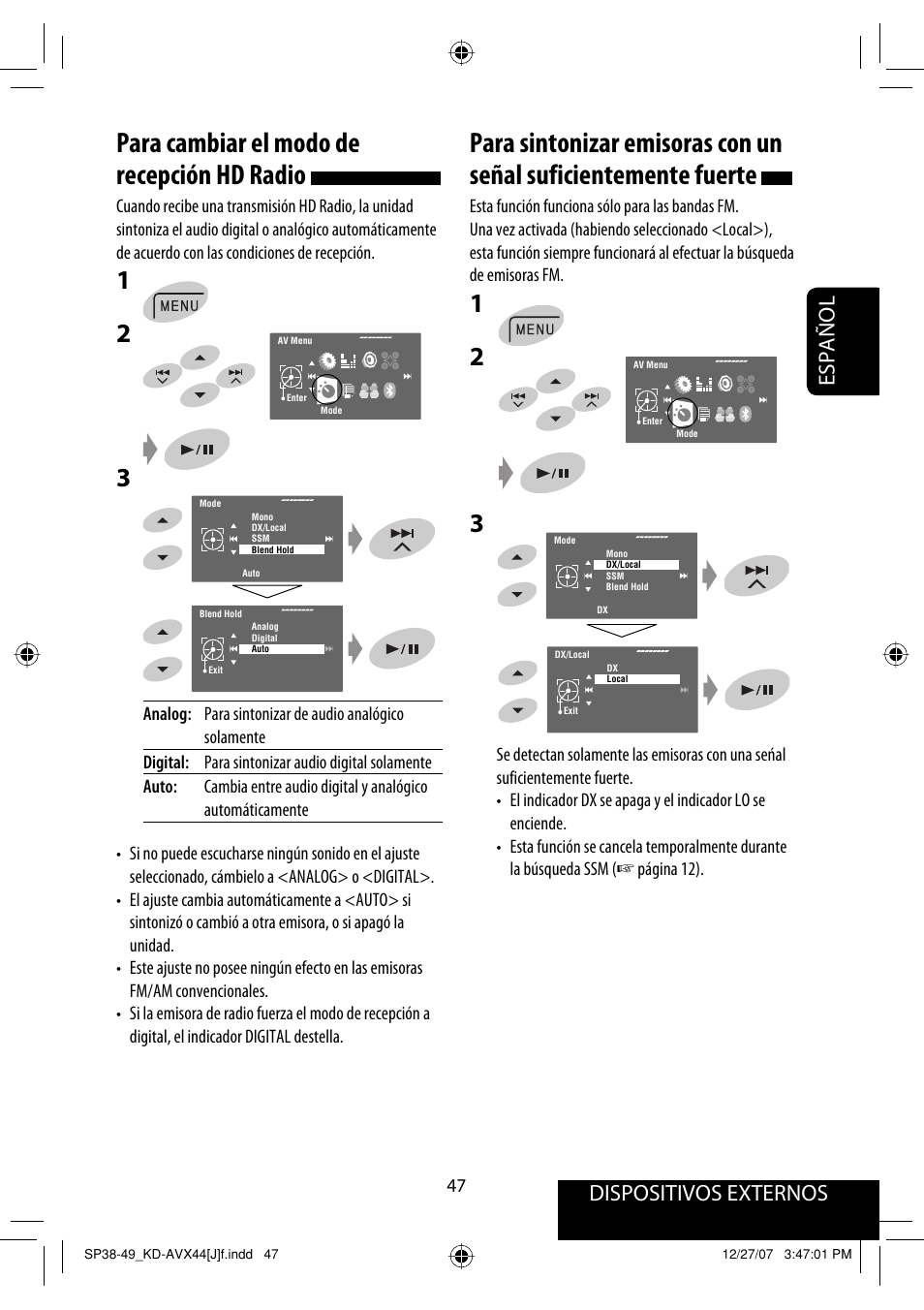 Para cambiar el modo de recepción hd radio, Dispositivos externos, Español | JVC KD-ADV49 User Manual | Page 121 / 225