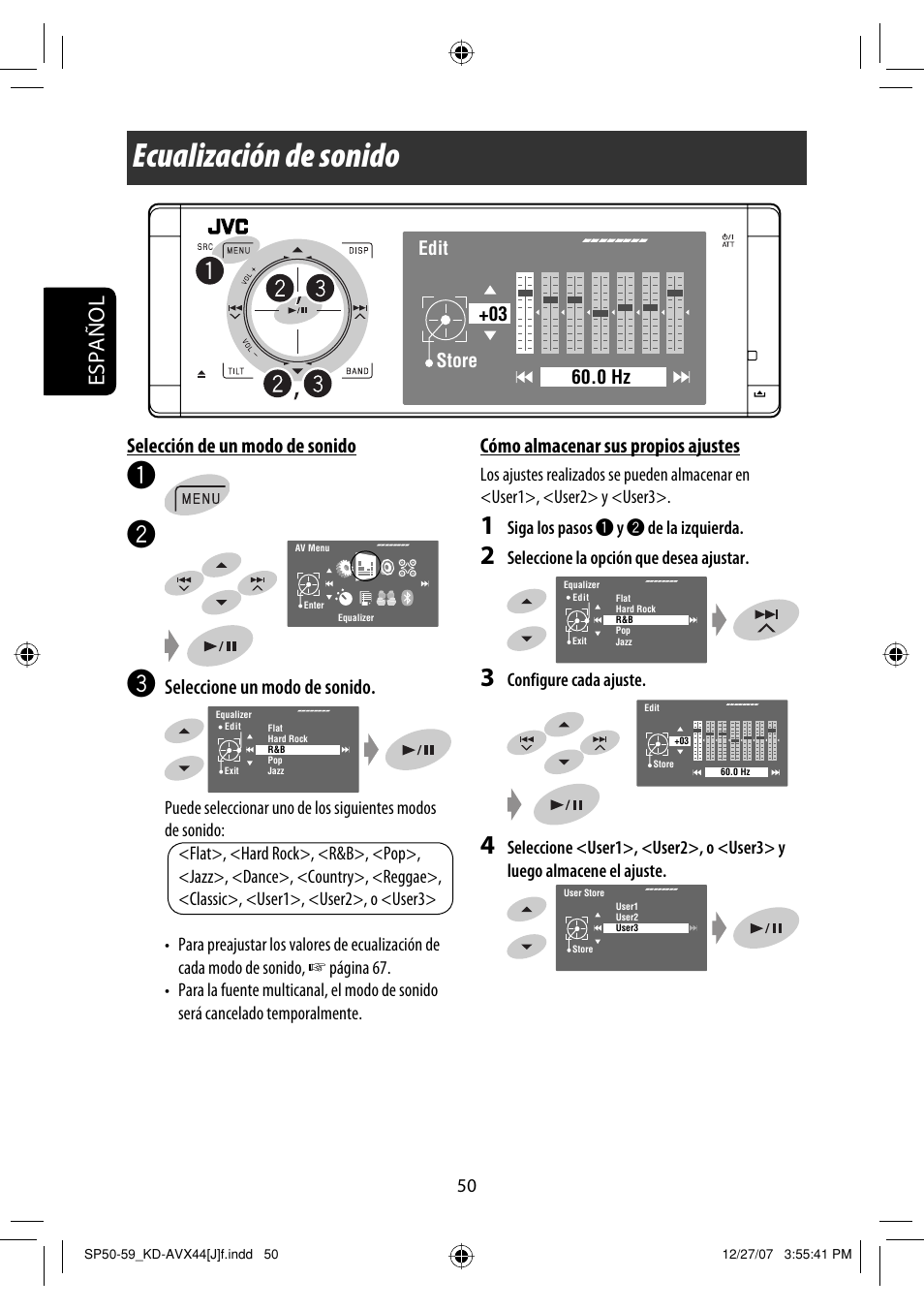 Ecualización de sonido, Español, Selección de un modo de sonido | Seleccione un modo de sonido, Cómo almacenar sus propios ajustes | JVC KD-ADV49 User Manual | Page 124 / 225