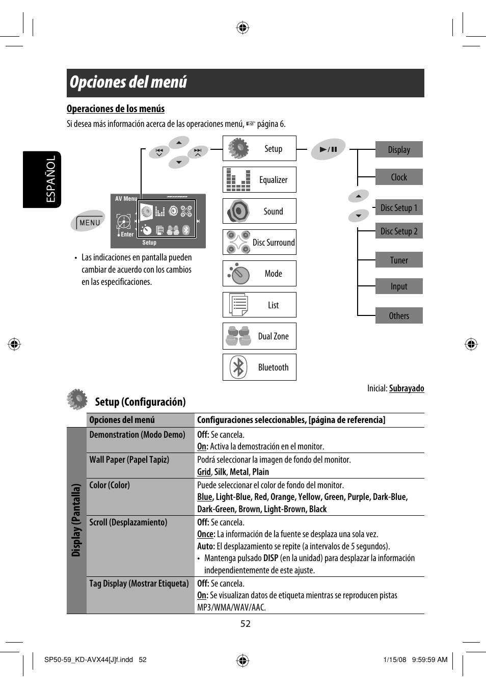 Opciones del menú, Español, Setup (configuración) | Display (pantalla) | JVC KD-ADV49 User Manual | Page 126 / 225